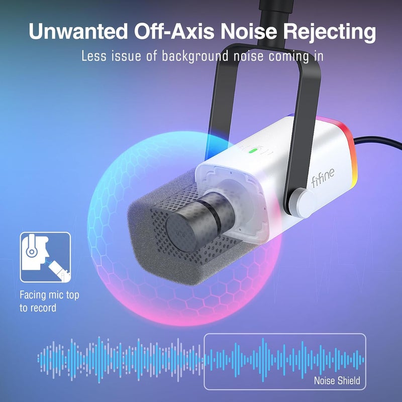 FIFINE طقم ميكروفون ألعاب XLR/USB، مجموعة ميكروفون ديناميكي للبث لجهاز الكمبيوتر، ميكروفون الكمبيوتر لتسجيل الصوت والبودكاست، مع جاك سماعات، زر التحكم في الصوت، حامل ذراع - AmpliGame AM8T أبيض - Image 4